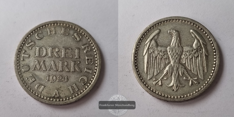  Weimarer Republik. 3 Mark 1924 A, Kursmünze FM-Frankfurt Feinsilber: 7,5g   