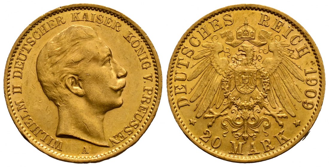 PEUS 2486 Preußen - Kaiserreich 7,16 g Feingold. Wilhelm II. (1888 - 1918) 20 Mark GOLD 1909 A Kl. Kratzer, fast vorzüglich