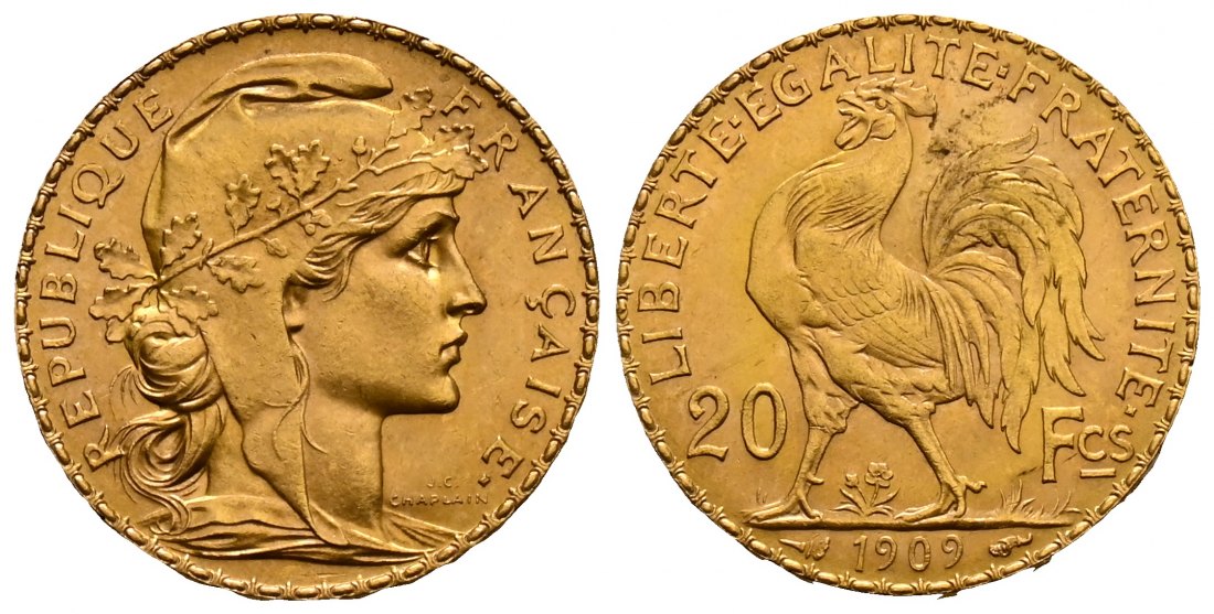 PEUS 2488 Frankreich 5,81 g Feingold. Marianne 20 Francs GOLD 1909 Vorzüglich