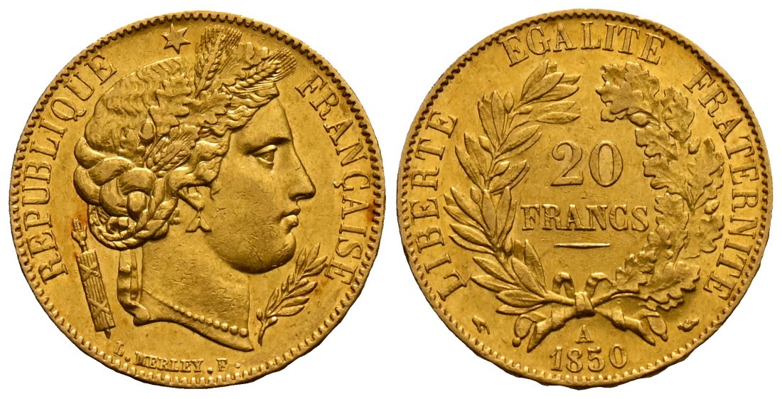 PEUS 2489 Frankreich 5,81 g Feingold. Zweite Republik (1848 - 1852) 20 Francs GOLD 1850 A Sehr schön +