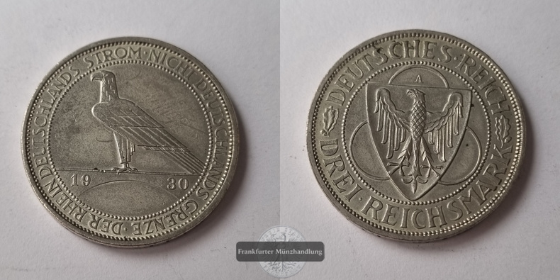  Deutschland, Weimarer Republik 3 Reichsmark 1930 A Rheinland-Räumung FM-Frankfurt Feinsilber:7,5g   