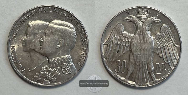  Griechenland 30 Drachmai  1964  Hochzeit Konstantins II. KM#87   FM-Frankfurt Feinsilber: 10,02g   