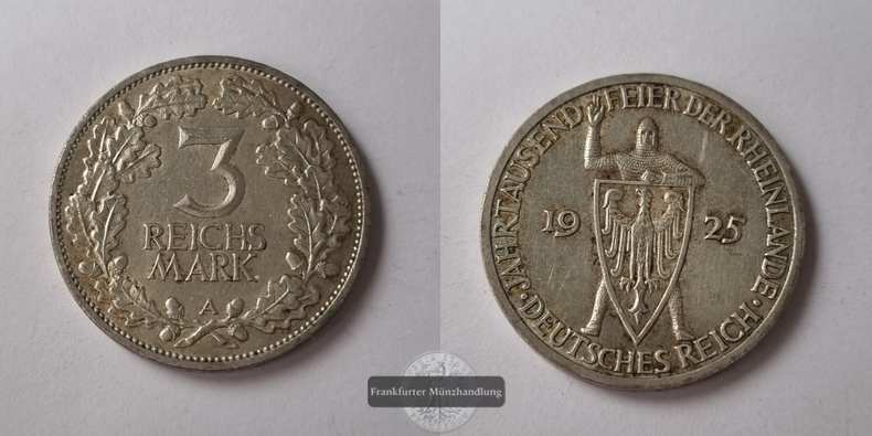  Weimarer Republik, 1919-1933. 3 Reichsmark 1925 A, Rheinland.  FM-Frankfurt  Feingewicht: 7,5g   