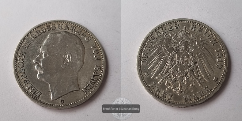  Kaiserreich, Baden  3 Mark  1910 G  Friedrich II. 1907-1918  FM-Frankfurt Feinsilber: 15g   