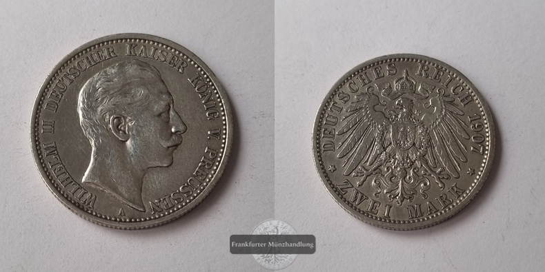  Deutsches Kaiserreich 2 Mark 1907 A Wilhelm II. Preussen FM-Frankfurt KM#522 Feinsilber: 10g   