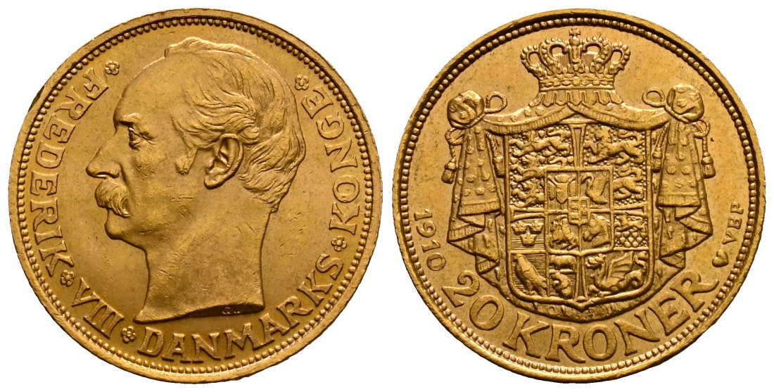 PEUS 2498 Dänemark 8,06 g Feingold. Frederik VIII. (1906 - 1912) 20 Kronen GOLD 1910 VBP Kl.Kratzer, fast Vorzüglich