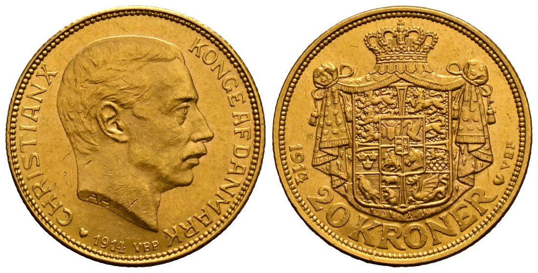 PEUS 2499 Dänemark 8,06 g Feingold. Kopenhagen Christian X. (1912 - 1947) 20 Kroner GOLD 1914 VBP Vorzüglich