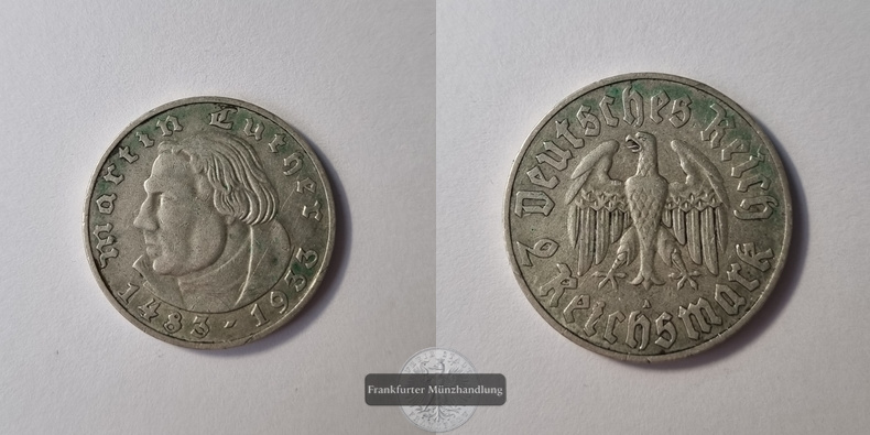  Deutschland Drittes Reich  2 Reichsmark  1933 A  Martin Luther  FM-Frankfurt  Feinsilber: 5g   