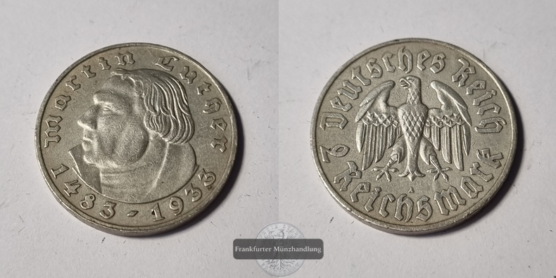  Deutschland Drittes Reich  2 Reichsmark  1933 A  Martin Luther  FM-Frankfurt  Feinsilber: 5g   