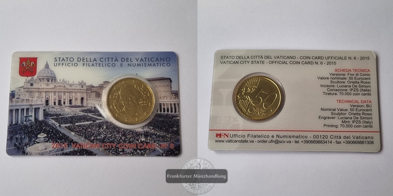  Vatikan  50 Eurocent  2015  Card No.6 St. Peter's Square   FM-Frankfurt   