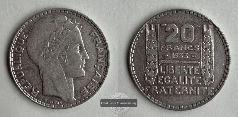  Frankreich 20 Francs 1933 Lorbeerkopf FM-Frankfurt KM#879 Feinsilber: 13,6g   