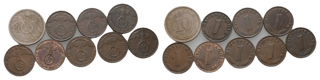  Drittes Reich/Kaiserreich; 9 Kleinmünzen (1 Pfennig + 10 Pfennig 1900)   