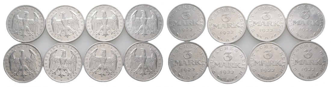  Weimarer Republik, 3 Mark 1922 (8 Kleinmünzen)   