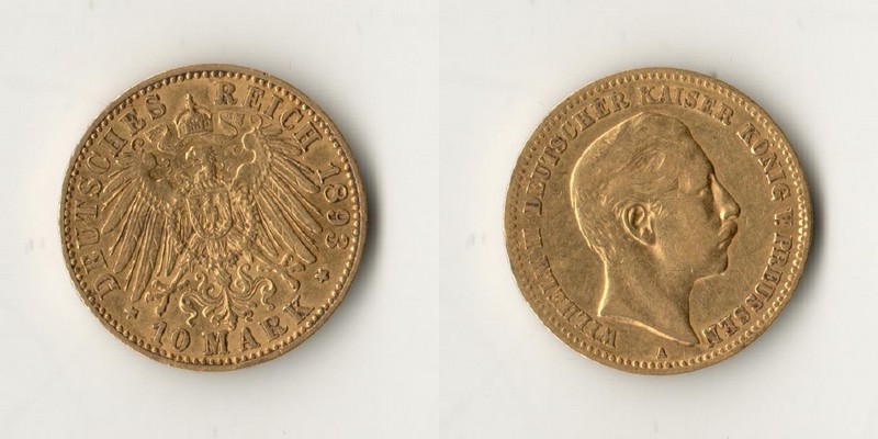 Preussen, Kaiserreich  10 Mark MM-Frankfurt Feingold: 3,58g Wilhelm II. 1888-1918 1893 A 