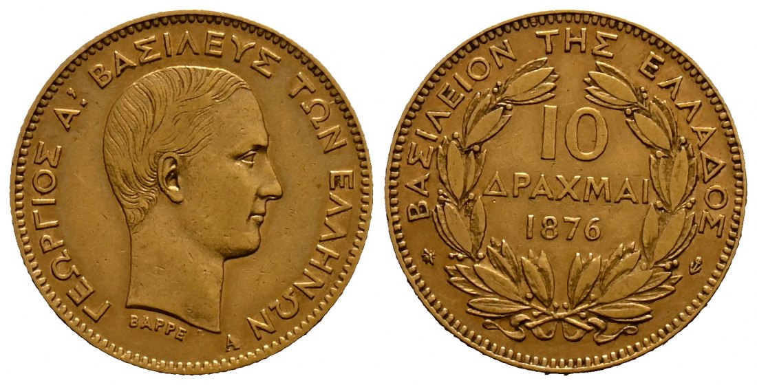 PEUS 117603 Griechenland 2,91 g Feingold. Georg I. (1863 - 1913) 10 Drachmen GOLD 1876 Paris Sehr schön / Vorzüglich