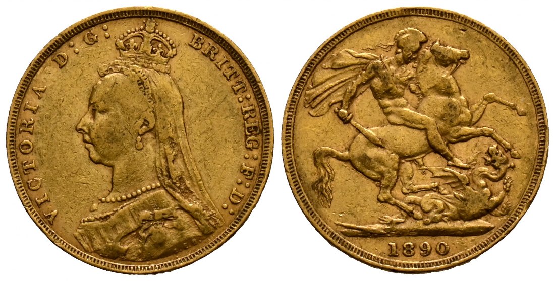 PEUS 2506 Grossbritannien 7,32 g Feingold. Victoria (1837 - 1901) Jubiläumsbüste mit Witwenschleier Sovereign GOLD 1890 M Fast sehr schön