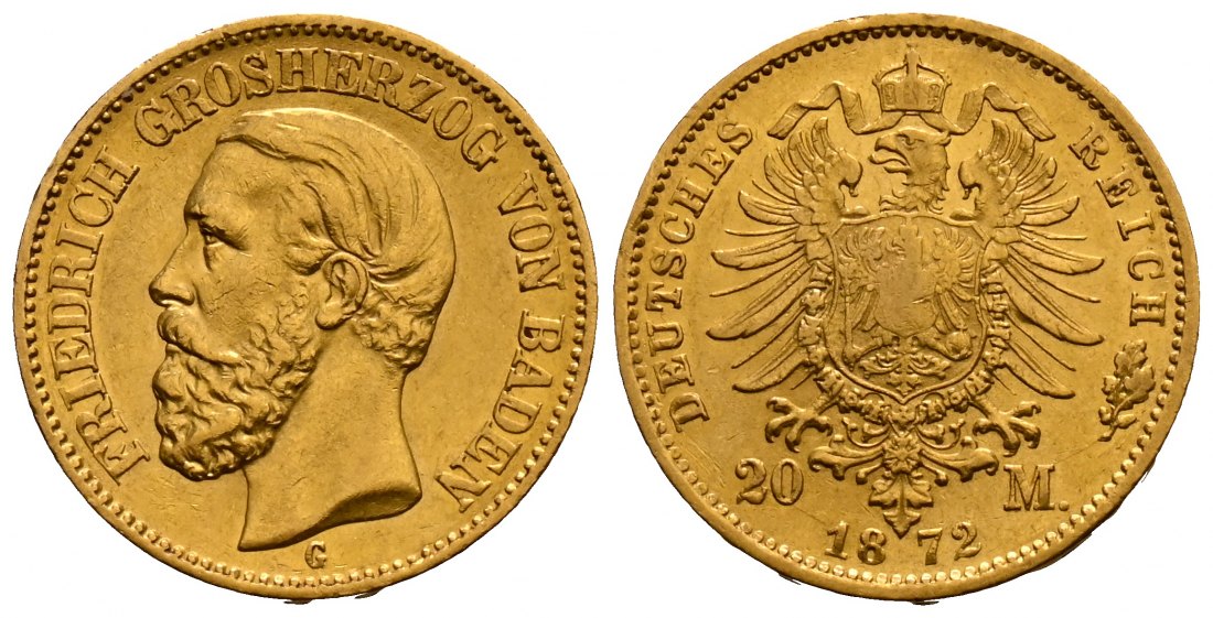 PEUS 2509 Baden - Kaiserreich 7,17 g Feingold. Friedrich I. (1852 - 1907) 20 Mark GOLD 1872 G Karlsruhe Sehr schön