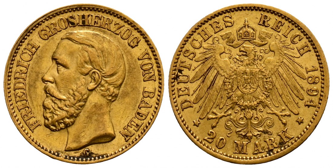 PEUS 2510 Baden - Kaiserreich 7,16 g Feingold. Friedrich I. (1852 - 1907) 20 Mark GOLD 1894 G Kl. Verschmutzungen, fast vorzüglich