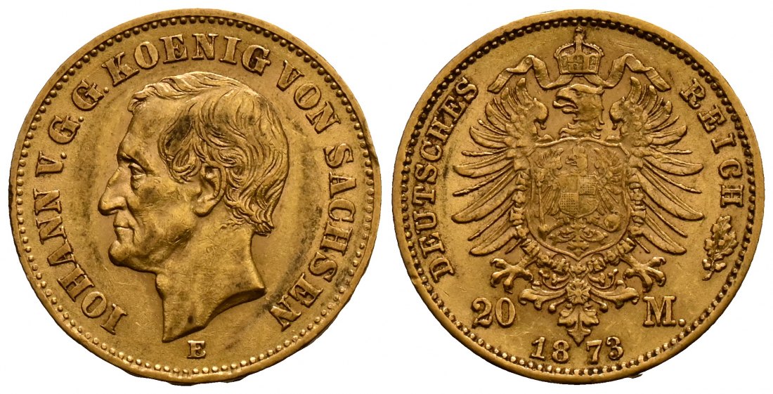 PEUS 2511 Sachsen - Kaiserreich 7,16 g Feingold. Johann (1854 - 1873). Große Buchstaben 20 Mark GOLD 1873 E Sehr schön