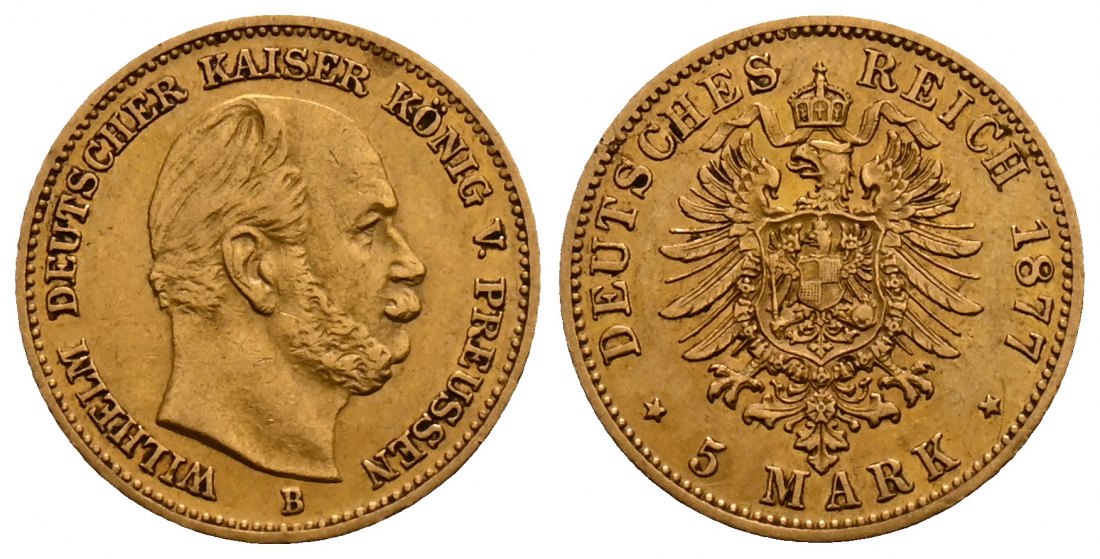 PEUS 2512 Kaiserreich - Preußen 1,79 g Feingold. Wilhelm I. (1861 - 1888) 5 Mark GOLD 1877 B Hannover Sehr schön