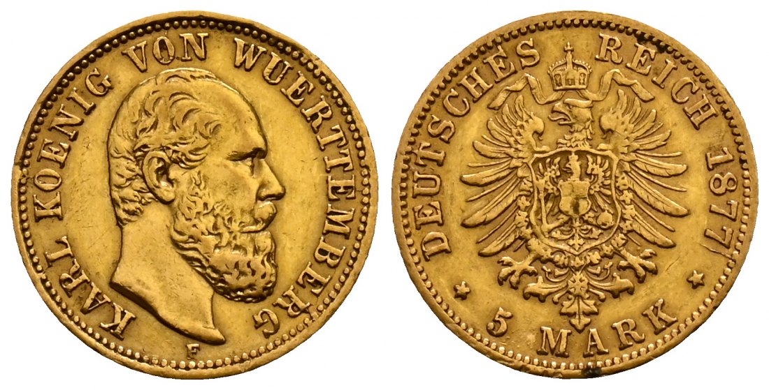 PEUS 2513 Kaiserreich - Württemberg 1,79 g Feingold. Karl (1864 - 1891) 5 Mark Gold 1877 F Sehr schön