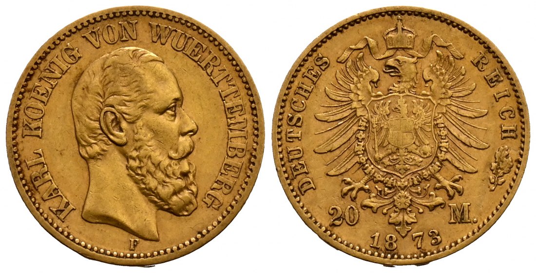 PEUS 2514 Kaiserreich - Württemberg 7,16 g Feingold. Karl (1864 - 1891) 20 Mark GOLD 1873 F Stuttgart Sehr schön