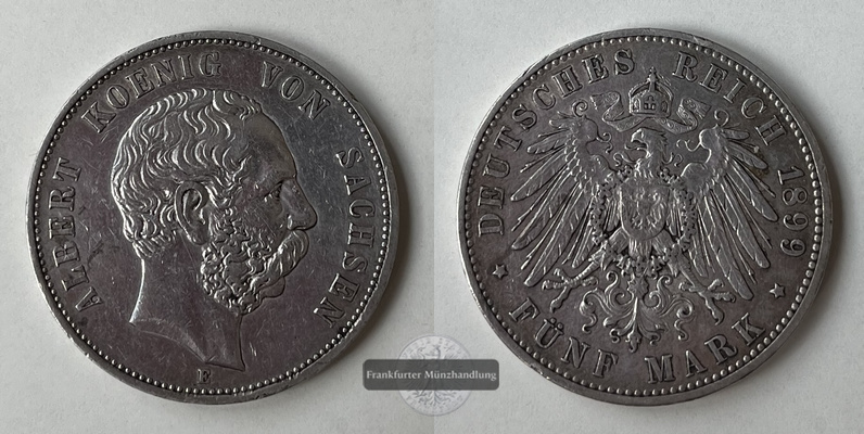  Deutsches Kaiserreich Sachsen 5 Mark  1899 E Albert J#125 FM-Frankfurt  Feinsilber: 25g   