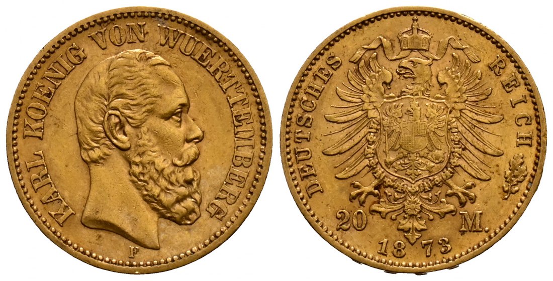 PEUS 2515 Kaiserreich - Württemberg 7,16 g Feingold. Karl (1864 - 1891) 20 Mark GOLD 1873 F Stuttgart Sehr schön