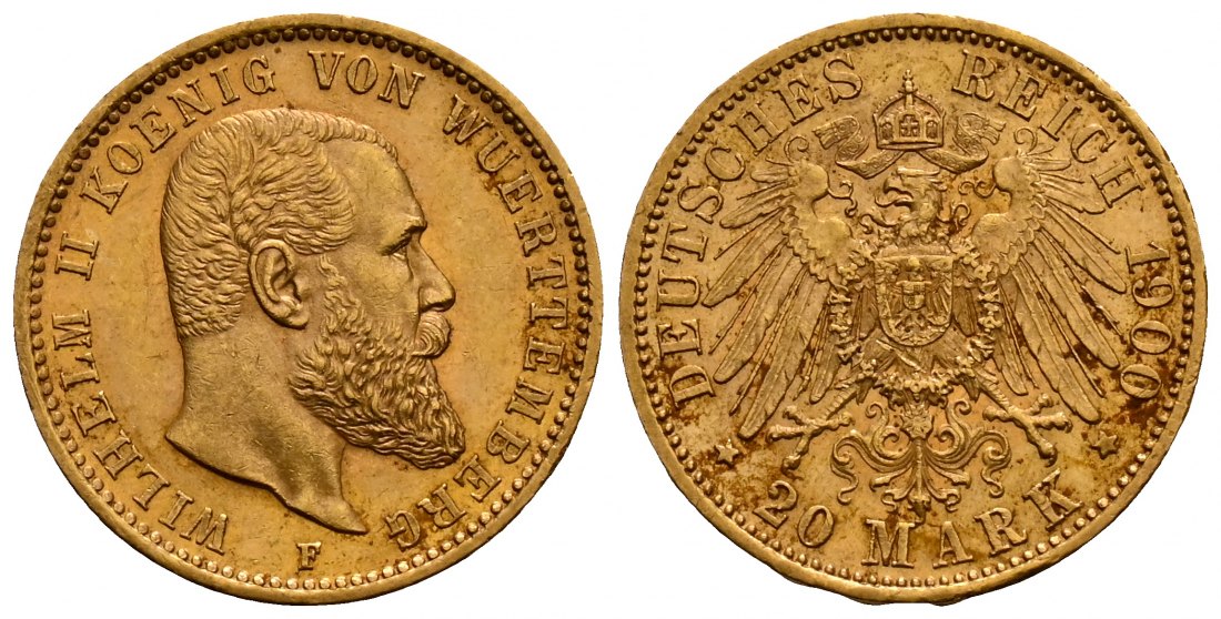 PEUS 2516 Kaiserreich - Württemberg 7,16 g Feingold. Wilhelm II. (1891 - 1918) 20 Mark GOLD 1900 F Kl. Verschmutzungen, vorzüglich