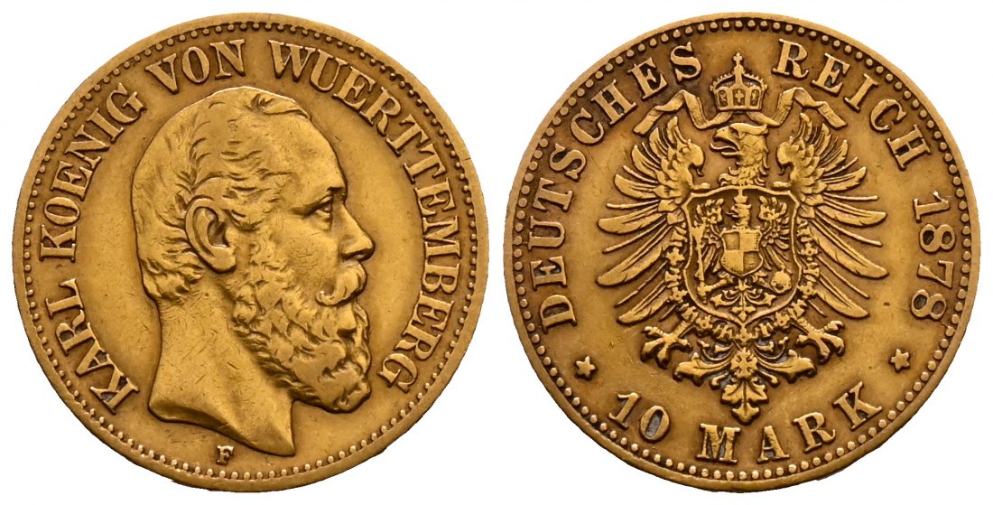 PEUS 2522 Württemberg 3,58 g Feingold. Karl (1864 - 1891) 10 Mark GOLD 1878 F Stuttgart Sehr schön