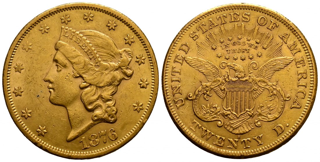 PEUS 2523 USA 30,1 g Feingold. Coronet Head 20 Dollars GOLD 1876 S Kl. Kratzer, Sehr schön