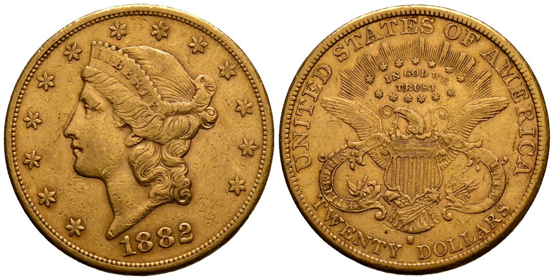 PEUS 2525 USA 30,1 g Feingold. Coronet Head 20 Dollars GOLD 1882 S Kl. Randfehler, Sehr schön