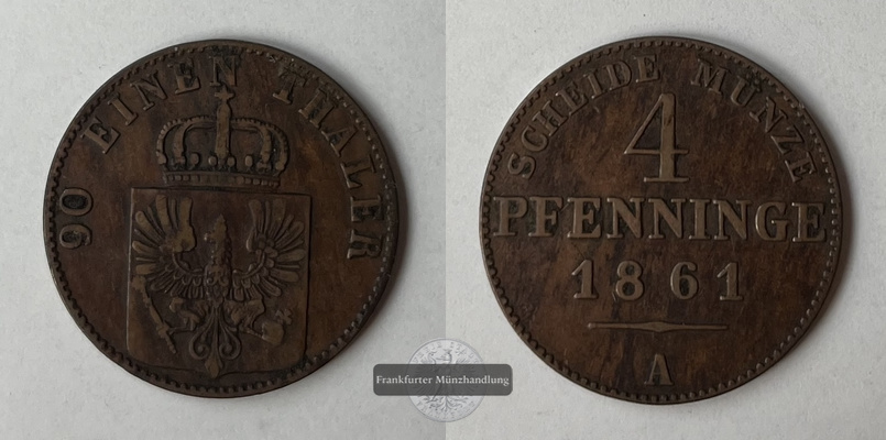  Preussen 4 Pfennig (90 Einen Thaler) Scheide Münze  1861 A FM-Frankfurt   