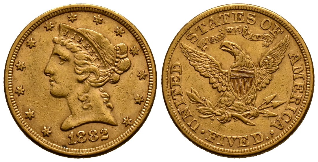 PEUS 2528 USA 7,52 g Feingold. Coronet Head 5 Dollars GOLD 1882 Sehr schön