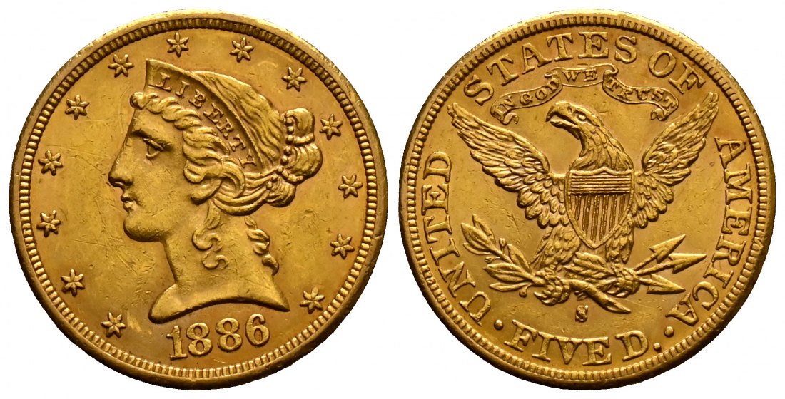 PEUS 2529 USA 7,52 g Feingold. Coronet Head 5 Dollars GOLD 1886 S Sehr schön