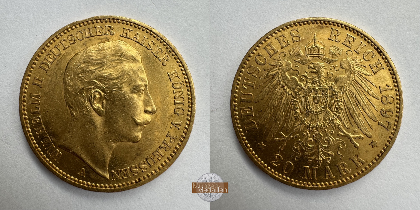 Dt. Kaiserreich Preussen, Wilhelm II MM-Frankfurt Feingold: 7,17g 20 Mark 1897 A 