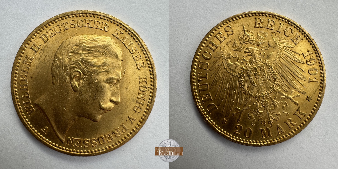 Dt. Kaiserreich Preussen, Wilhelm II. MM-Frankfurt Feingold: 7,17g 20 Mark 1901 A 