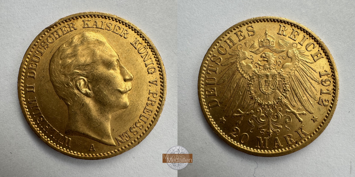 Dt. Kaiserreich Preussen, Wilhelm II. MM-Frankfurt Feingold: 7,17g 20 Mark 1912 A 