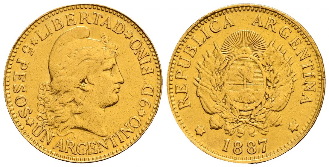 PEUS 2532 Argentinien 7,26 g Feingold. Argentino (5 Pesos) GOLD 1887 Sehr schön