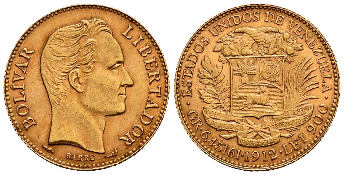 PEUS 2533 Venezuela 5,81 g Feingold. Kopf Bolivar / Wappen 20 Bolivares GOLD 1912 Vorzüglich