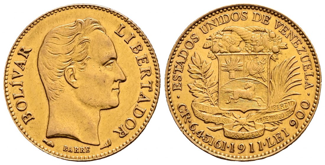 PEUS 2534 Venezuela 5,81 g Feingold. Kopf Bolivar / Wappen 20 Bolivares GOLD 1911 Vorzüglich