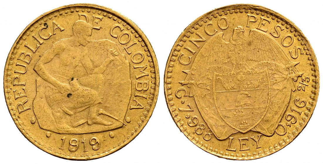 PEUS 2536 Kolumbien 7,32 g Feingold. Steinmetz. 5 Pesos GOLD 1919 Sehr schön