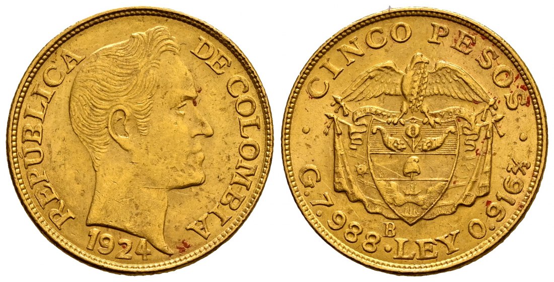 PEUS 2537 Kolumbien 7,32 g Feingold. Simon Bolivar 5 Pesos GOLD 1924 Sehr schön / Vorzüglich