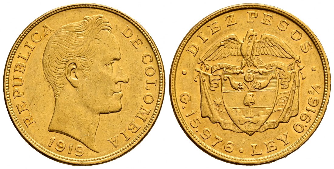 PEUS 2538 Kolumbien 14,52 g Feingold 10 Pesos GOLD 1919 Kl. Kratzer, fast Vorzüglich