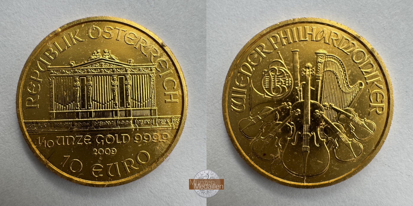 Österreich MM-Frankfurt Feingewicht: 3,12g Gold 10 Euro (Wiener Philharmoniker) 2009 