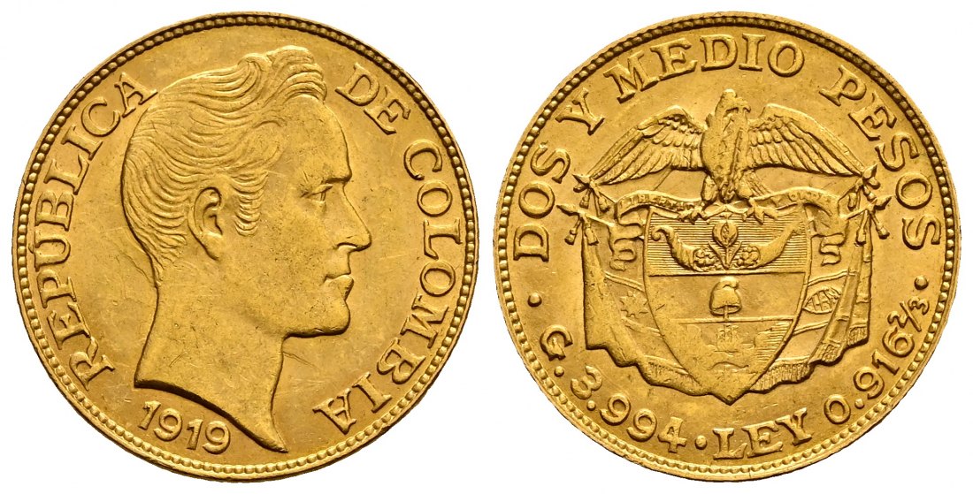 PEUS 2539 Kolumbien 3,66 g Feingold. Simon Bolivar 2 1/2 Pesos GOLD 1919 Kl. Kratzer, Vorzüglich