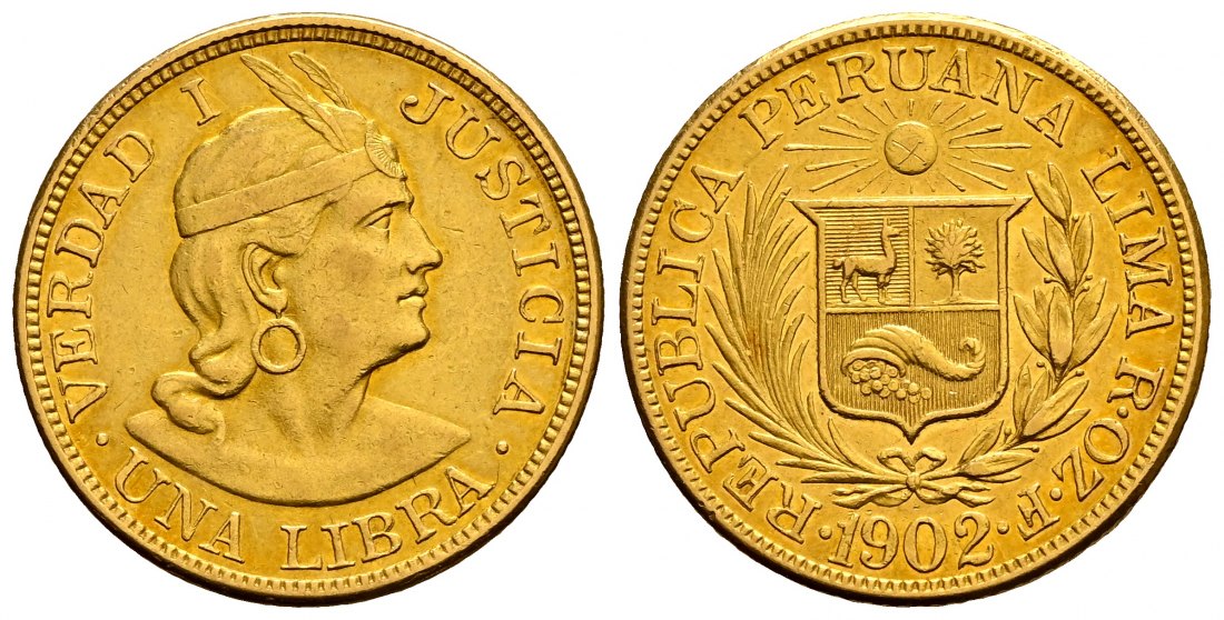 PEUS 2543 Peru 7,32 g Feingold. Lima Libra (Pound)GOLD 1902 ROZF Fast vorzüglich