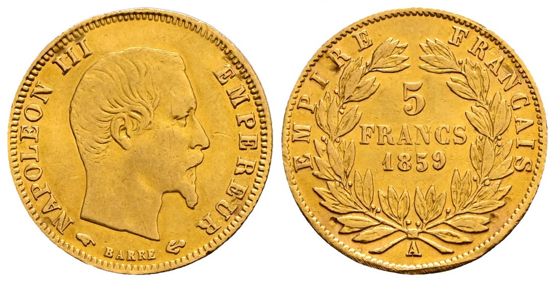 PEUS 2544 Frankreich 1,45 g Feingold. Napoleon III. (1852-1870) 5 Francs GOLD 1859 A Fassungsspuren, Sehr schön