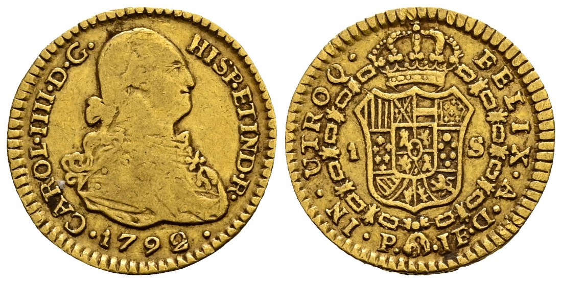 PEUS 2547 Spanien / Kolumbien 2,96 g Feingold. Carlos IV. (1788-1808) Escudo GOLD 1792 P IF Popayá Schön / Sehr schön