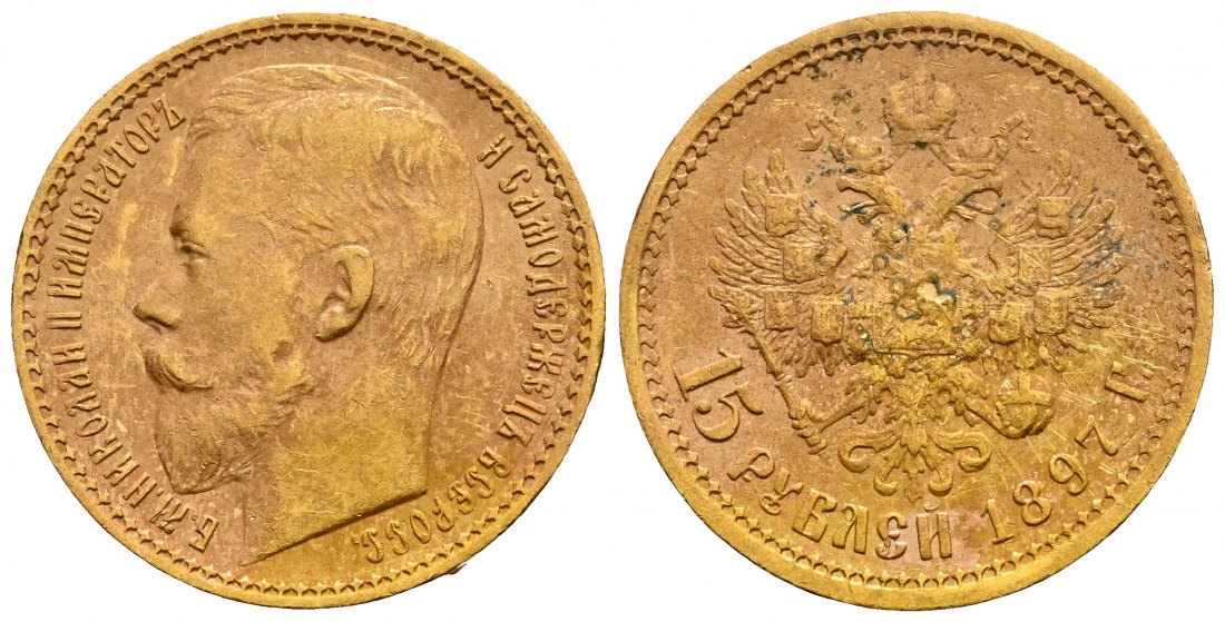 PEUS 2551 Russland 11,61 g Feingold. Zar Nikolaus II. (1894 - 1917) 15 Rubel GOLD 1897 АГ (AG) Gereinigt, sehr schön